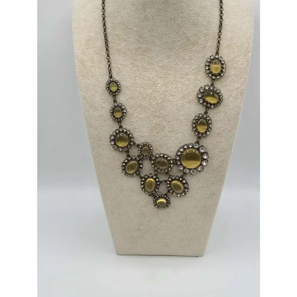 J Crew Antique Brass Look Statement Necklace with Gold & Clear Crystals